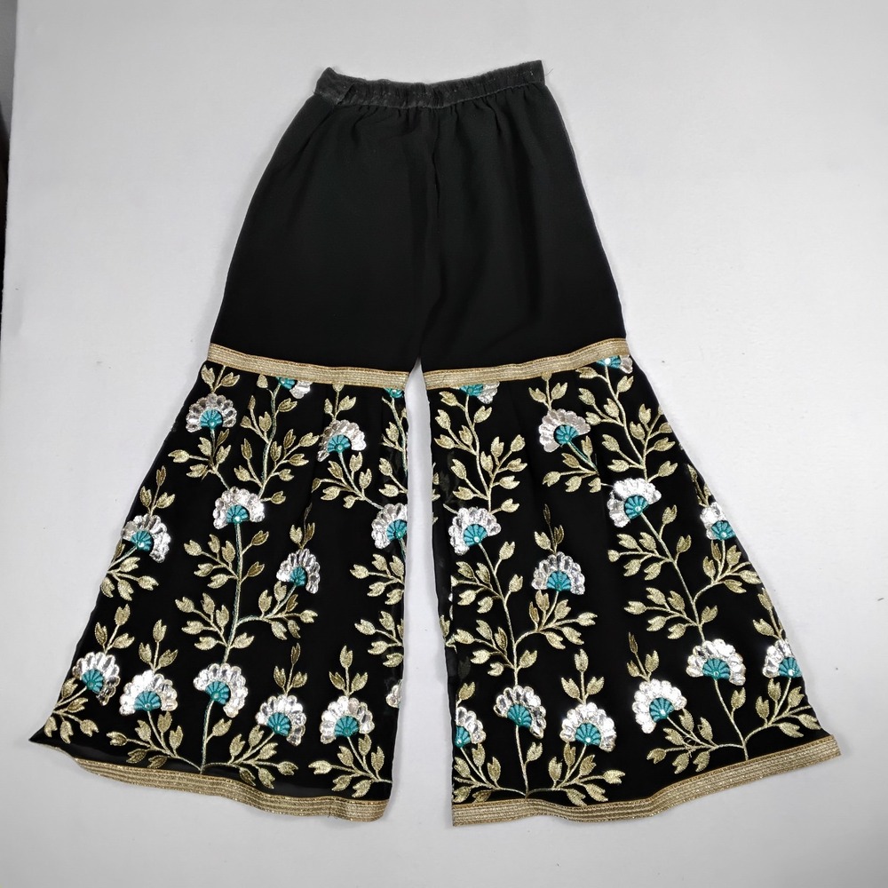 Womens Black Floral Embroidered Palazzo Pants Wide Leg Gold Sequin Boho Festival